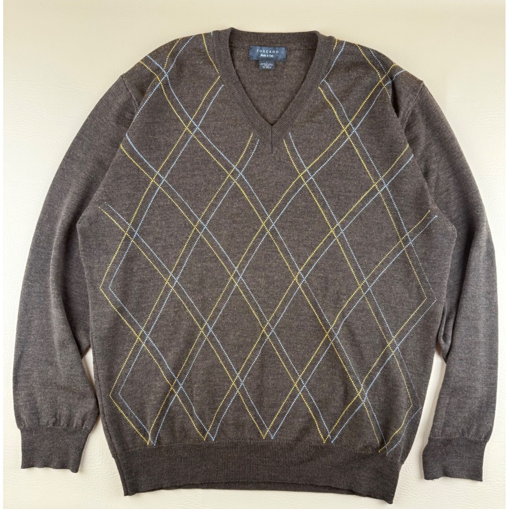 Preppy‎ Argyle V-Neck Sweater Merino Wool Knit Brown Size L Toscano